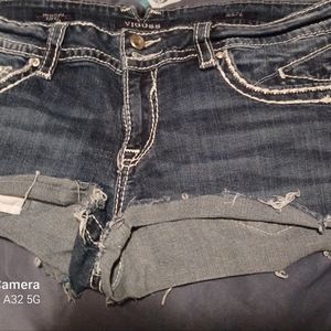 Womens Vigoss Jean Cut Off  Short Shorts Size 13/14  Dark Wash w/ White Stitchin